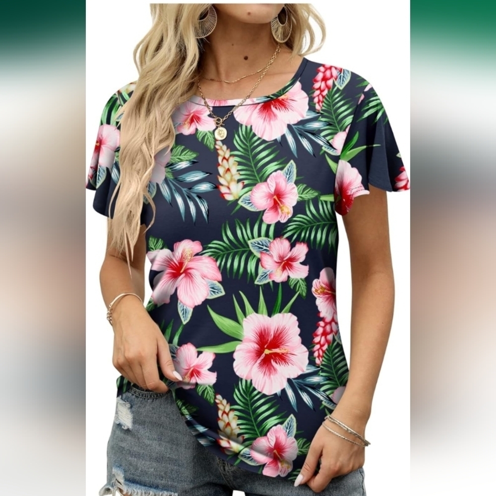 ALIMASHA Womens Tshirt Ruffle Short Sleeve Round Neck Tunic Loose Fit Sz L (EUC)